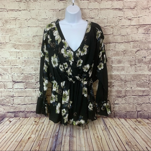 Free People Tops - Free People Black Floral Faux Wrap Long Sleeve Blouse